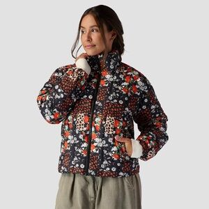 rare pattern STOIC womens printed quilted puffer in black floral patchwork xs